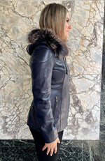 York Furrier Leather Dark Violet Lamb Leather Detachable Hood Jacket With Melange Fox Trim