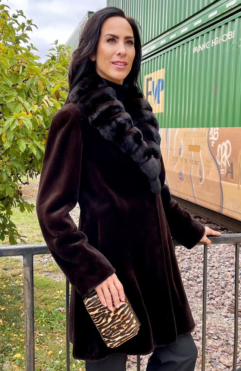 York Furrier Sheared Mink 12 / Espresso Espresso Dyed Sheared Mink Short Coat with Matching Dyed Chinchilla Collar