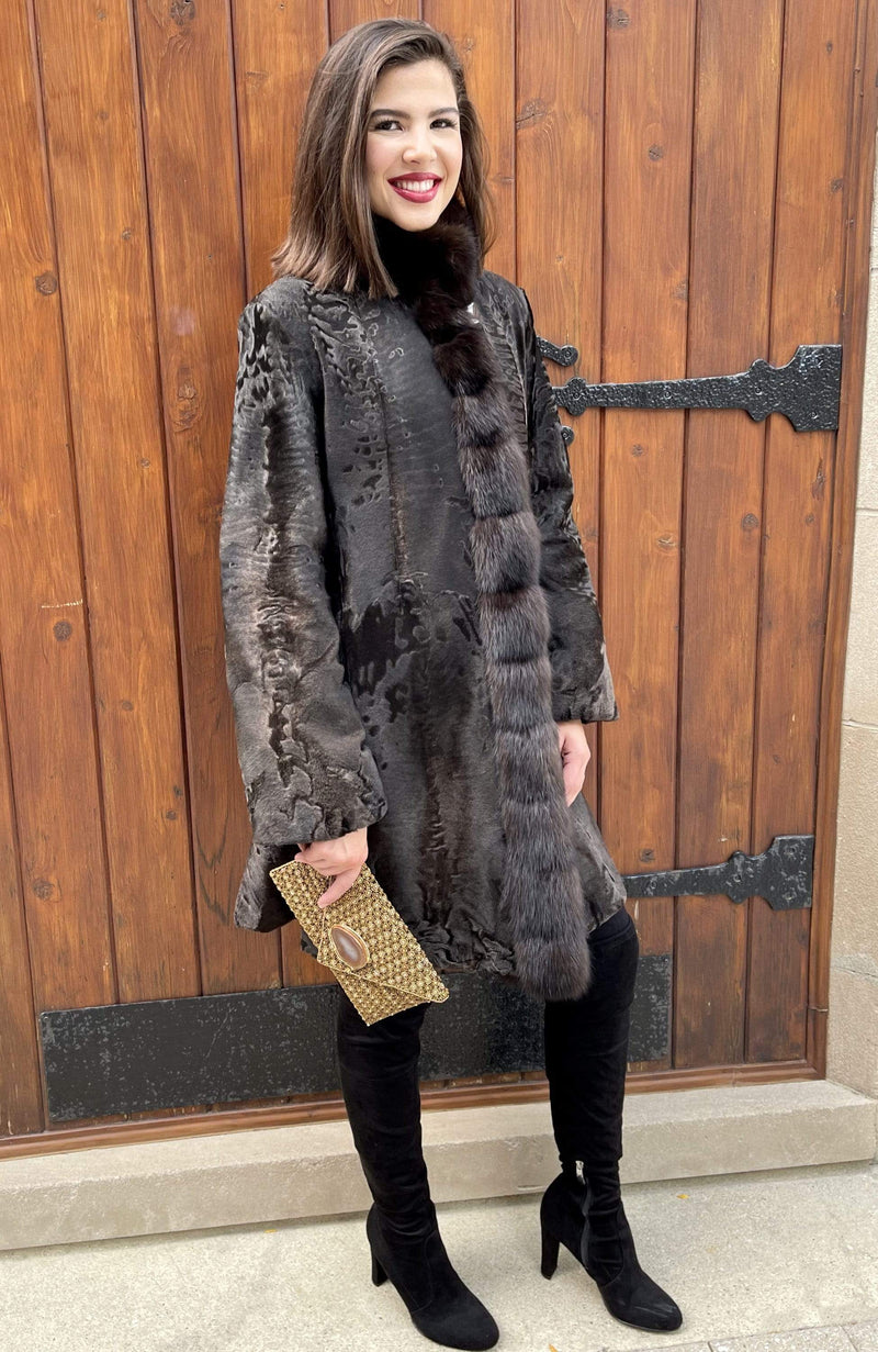 York Furrier Persian Lamb 8 / Espresso Espresso Swakara Lamb Fluted Short Coat With Matching Sable Trim