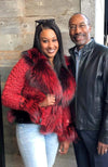 York Furrier Leather 8 / Flame Red Flame Lamb Leather Ruched Jacket With Flame Red Silver Fox Trim