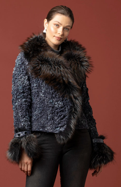 York Furrier Leather 6 / Frosty Blue Frosty Blue Lamb Leather Ruched Jacket with Frosty Blue Silver Fox Trim