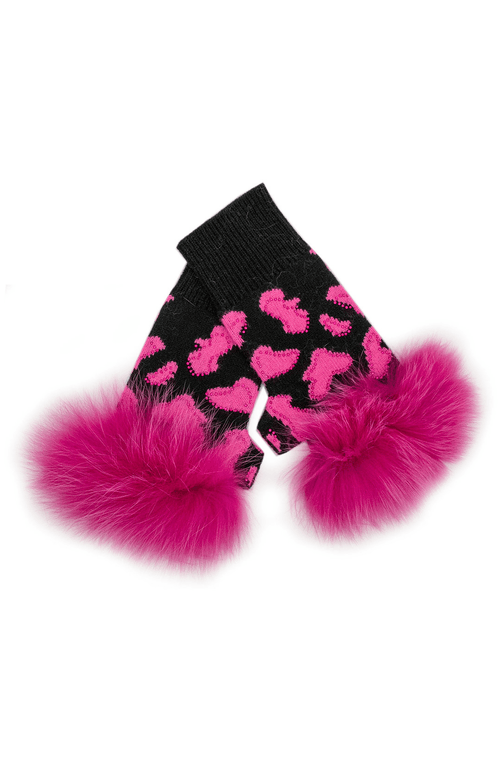 York Furrier Gloves One size fits most / Hot Pink & Black Geo Print and Crystals Wool Fingerless Gloves with Fox Trim
