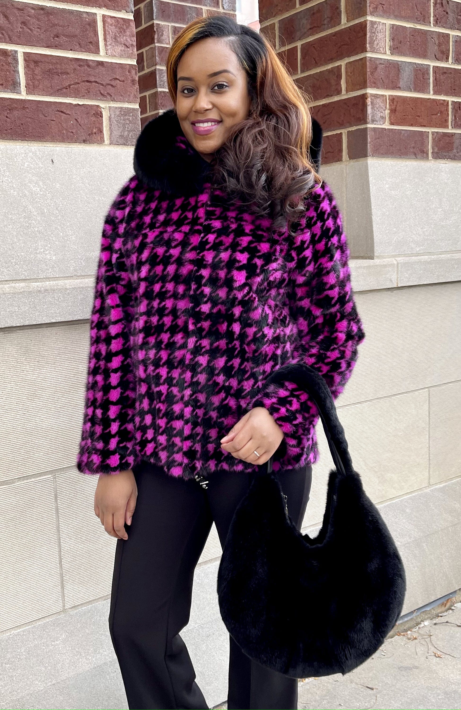 在庫限り超特価 pink × black houndstooth pocket fur op - ワンピース