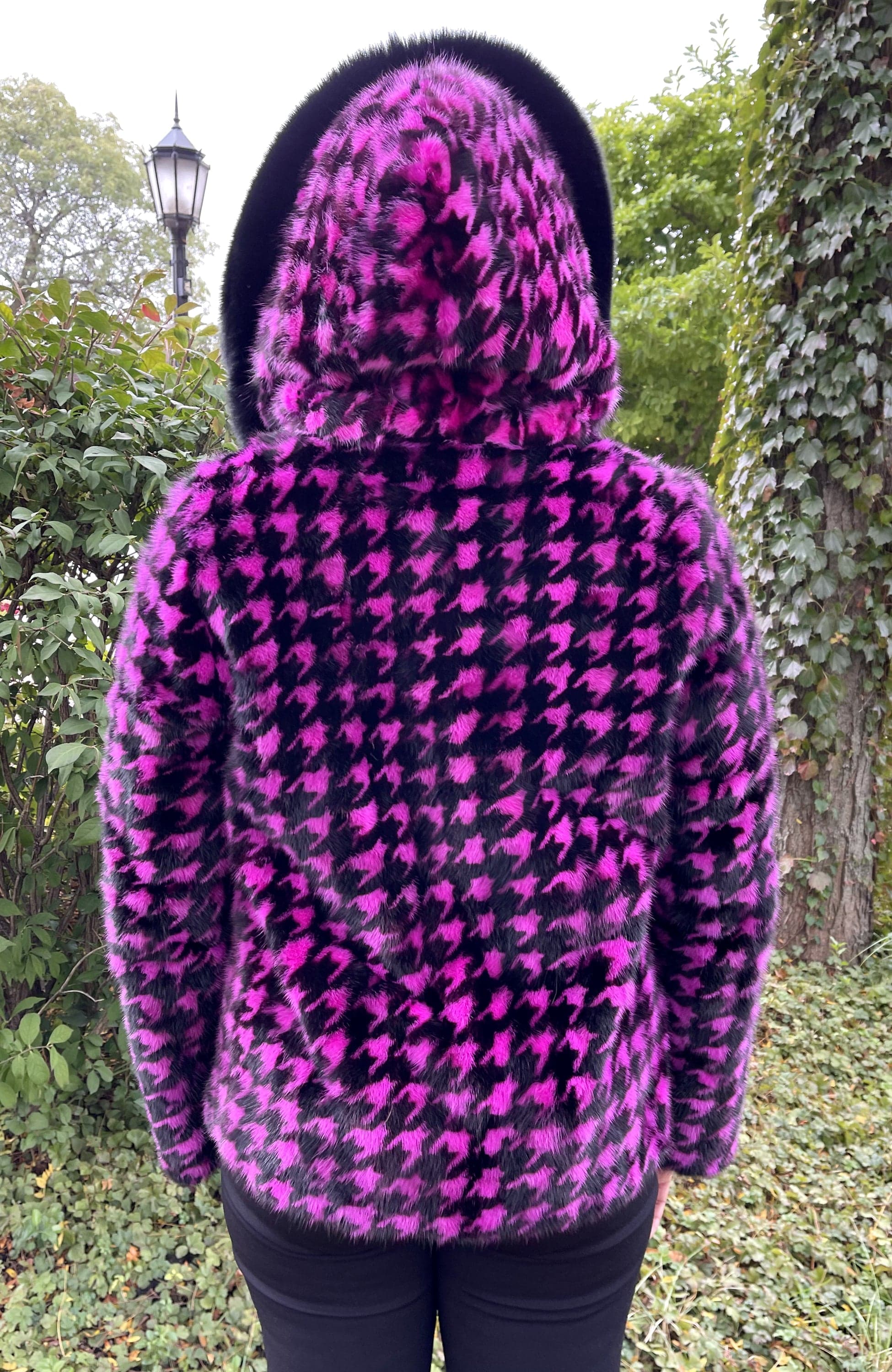 Hot Pink & Black Dyed Houndstooth Mink Sections Jacket With Black