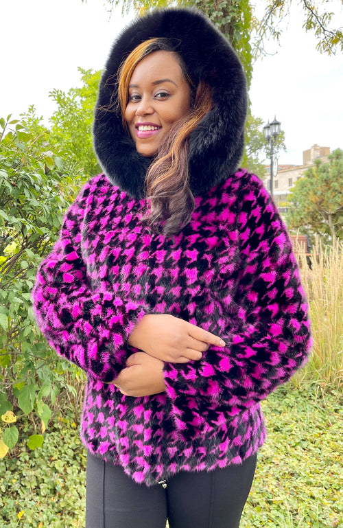 York Furrier Mink 12 / Hot Pink Hot Pink & Black Dyed Houndstooth Mink Sections Jacket With Black Dyed Fox Hood Trim