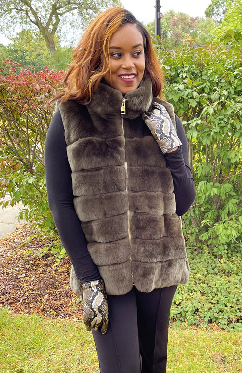 York Furrier Vest Olive / 12 Italian Design Loden Dyed Rex Rabbit Vest