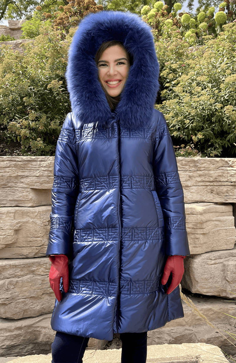 York Furrier Fabric 8 / Blue Italian Designed Blue Spirit Quilted Detail Walking Coat with Blue Dyed Fox Hood Trim