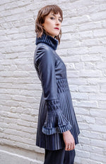York Furrier Leather 6 / Navy Italian Designed Navy Lamb Leather Fitted & Pleated Jacket with Shearling Trim