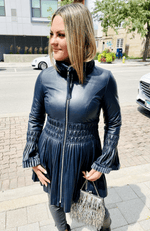 York Furrier Leather 6 / Navy Italian Designed Navy Lamb Leather Fitted & Pleated Jacket with Shearling Trim