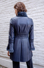 York Furrier Leather 6 / Navy Italian Designed Navy Lamb Leather Fitted & Pleated Jacket with Shearling Trim