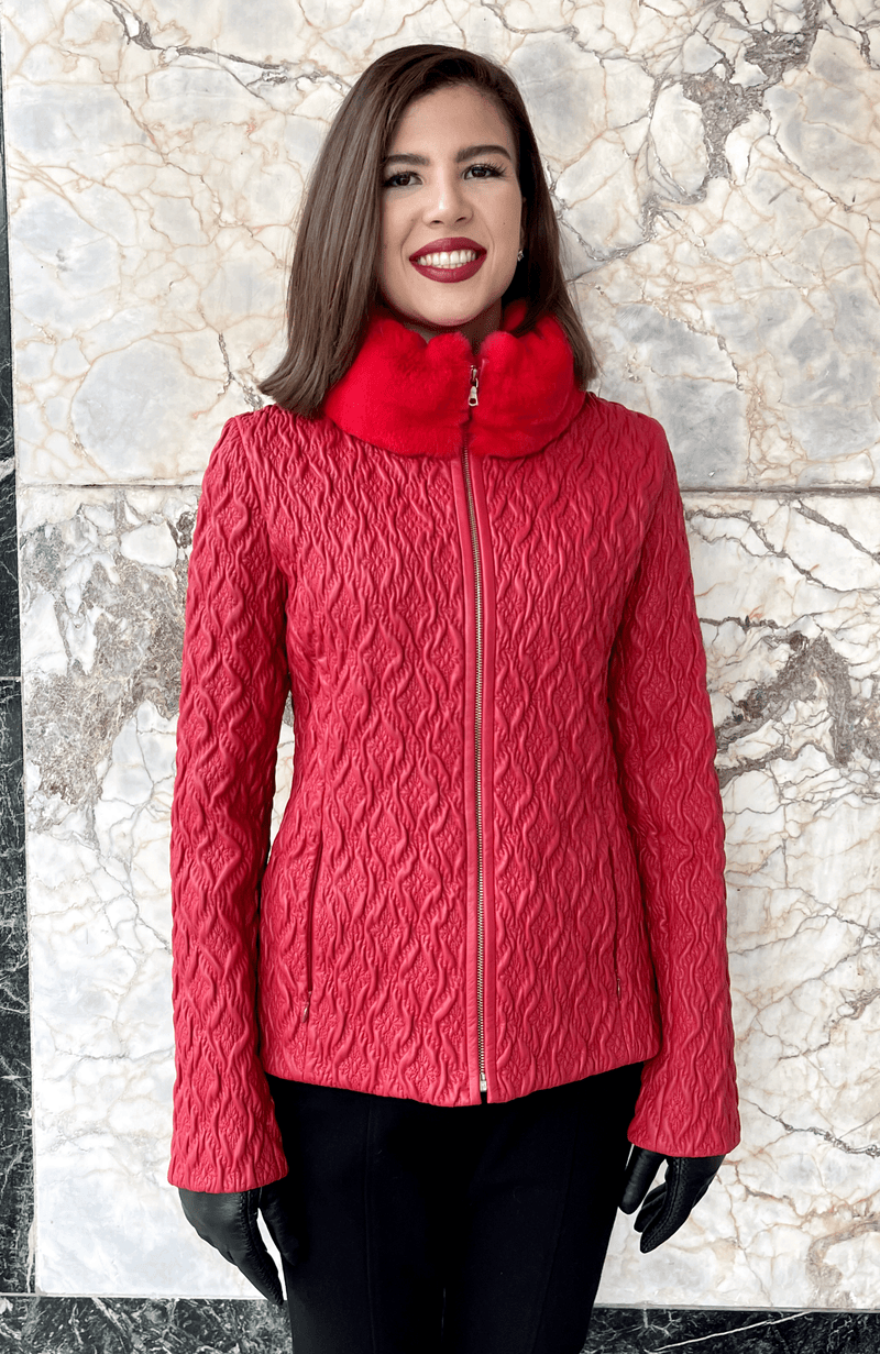 York Furrier Leather Italian Designed Red Lamb Leather Embroidered/Quilted Jacket with Red Dyed Rex Rabbit Collar