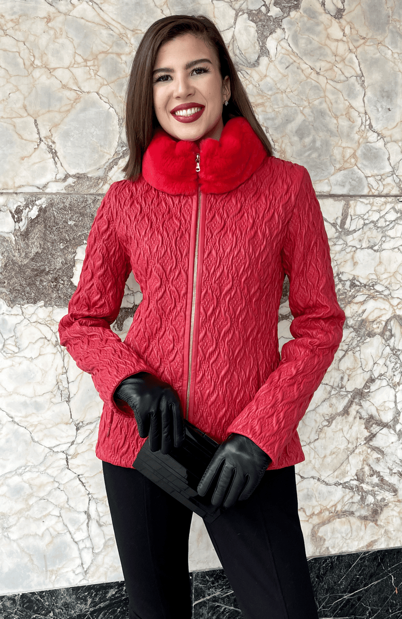 York Furrier Leather 8 / Red Italian Designed Red Lamb Leather Embroidered/Quilted Jacket with Red Dyed Rex Rabbit Collar