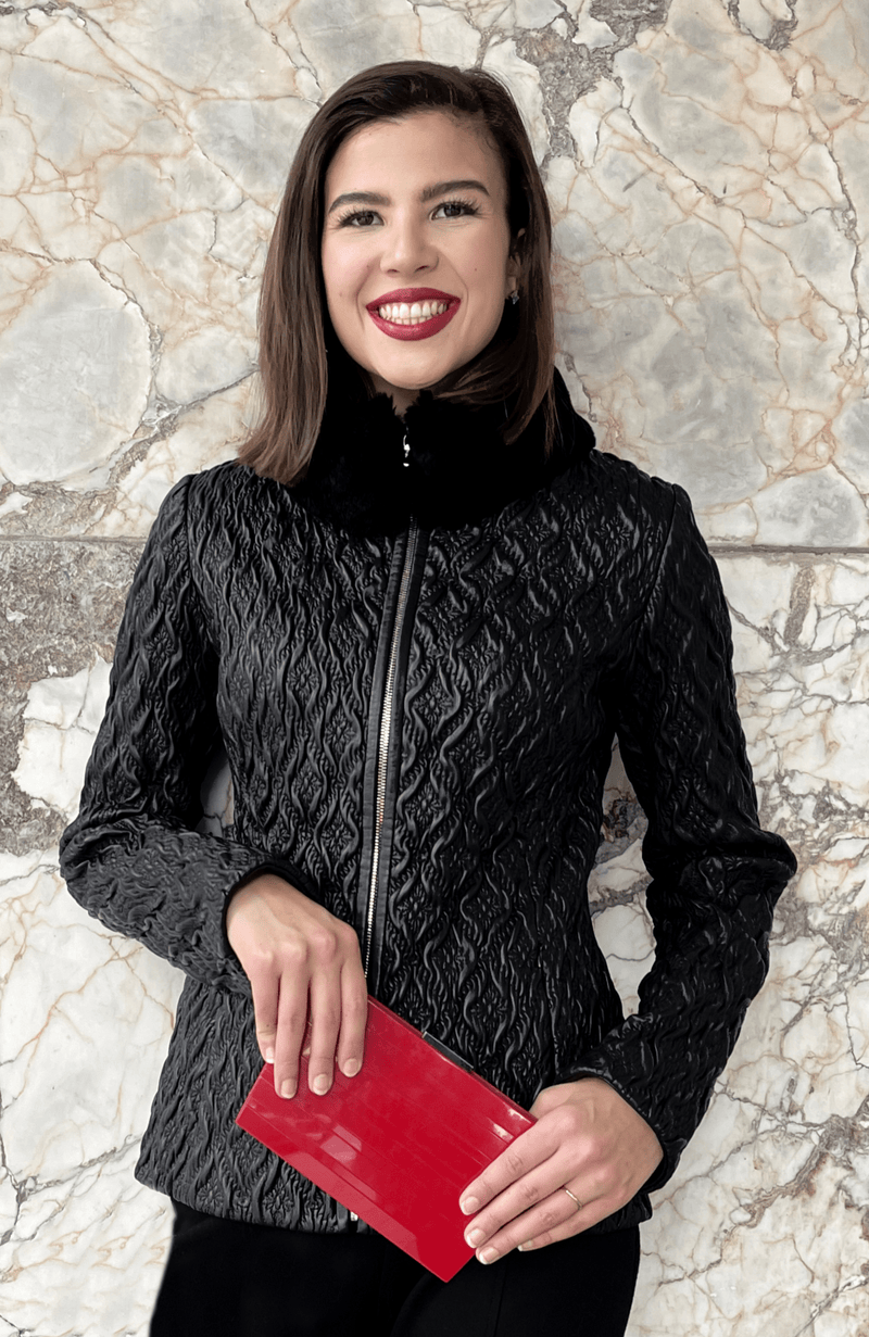 York Furrier Leather 6 / Black Italian Designed Red Lamb Leather Embroidered/Quilted Jacket with Red Dyed Rex Rabbit Collar