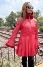 York Furrier Leather 8 / Red Italian Designed Red Lamb Leather Fitted & Pleated Jacket with Shearling Trim