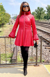 York Furrier Leather 8 / Red Italian Designed Red Lamb Leather Fitted & Pleated Jacket with Shearling Trim