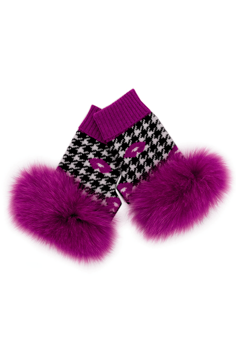 York Furrier Wrap Magenta Lipstick / One size fits most Lipstick & Houndstooth Printed Wool Gloves with Magenta Fox Pom