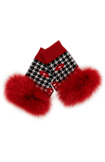 York Furrier Wrap Red Lipstick / One size fits most Lipstick & Houndstooth Printed Wool Gloves with Magenta Fox Pom