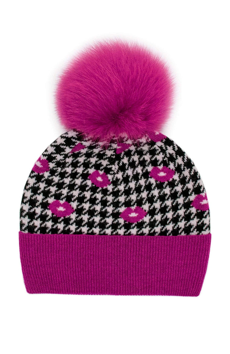 York Furrier Wrap Magenta Lipstick / One size fits most Lipstick & Houndstooth Printed Wool Hat with Fox Pom