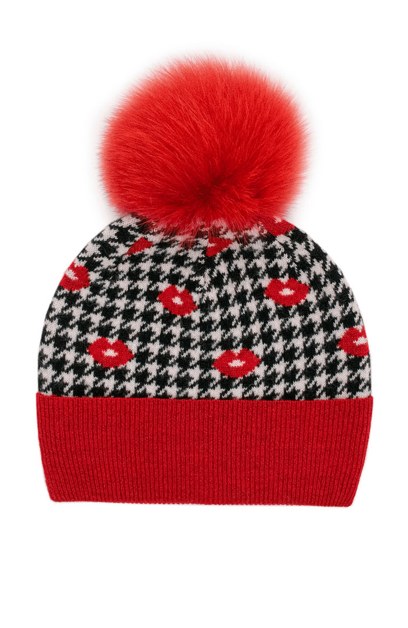 York Furrier Wrap Red Lipstick / One size fits most Lipstick & Houndstooth Printed Wool Hat with Fox Pom