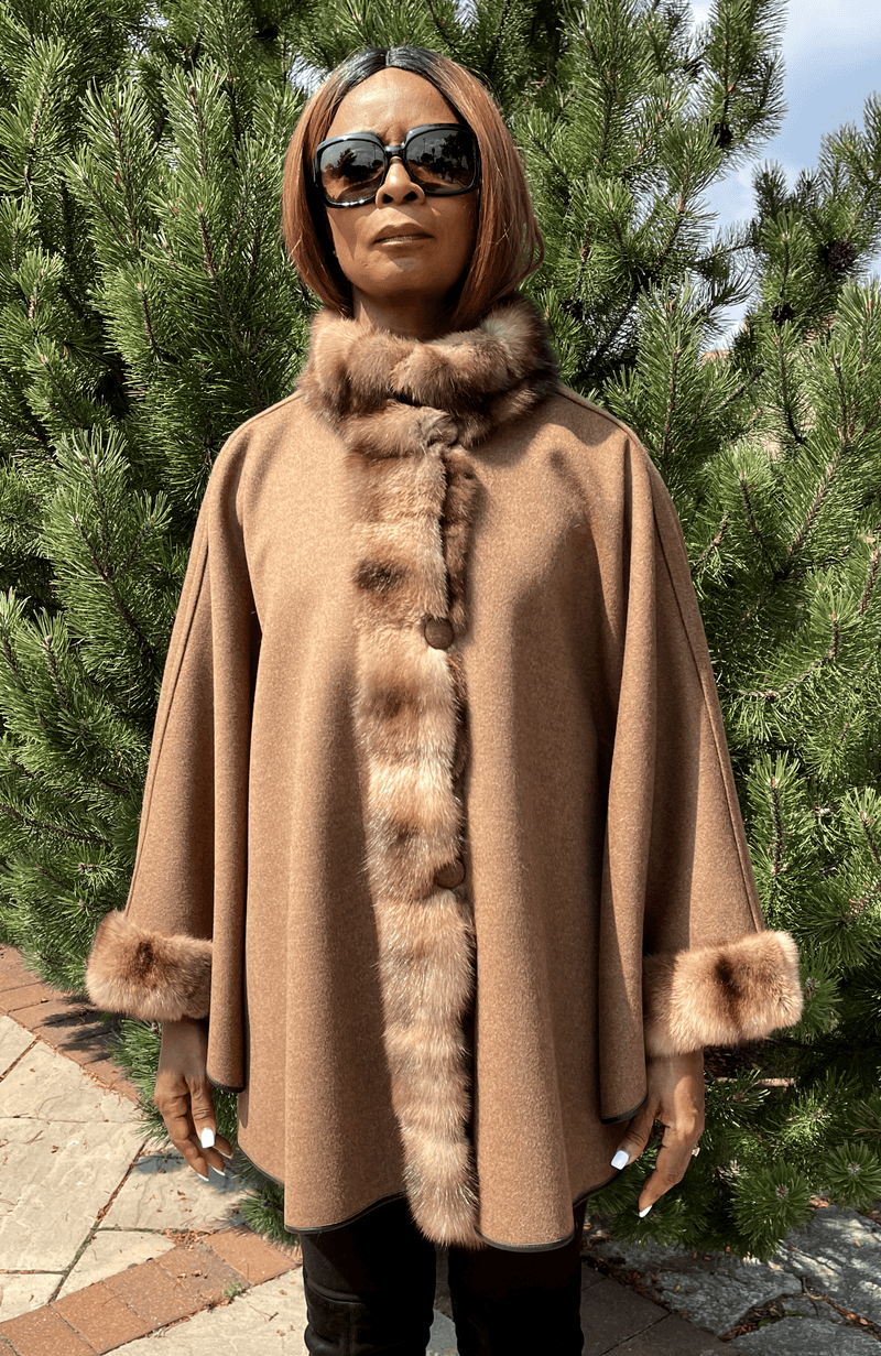 York Furrier Cape One size fits most / Tobacco/Brown Loro Piana Brown/Tobacco Superfine Wool Reversible Cape with Golden Dyed Sable Trim