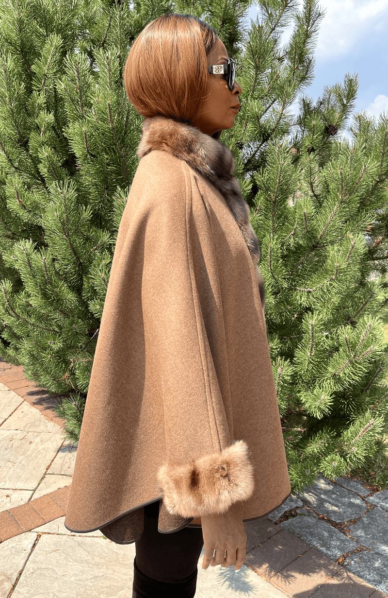 York Furrier Cape One size fits most / Tobacco/Brown Loro Piana Brown/Tobacco Superfine Wool Reversible Cape with Golden Dyed Sable Trim