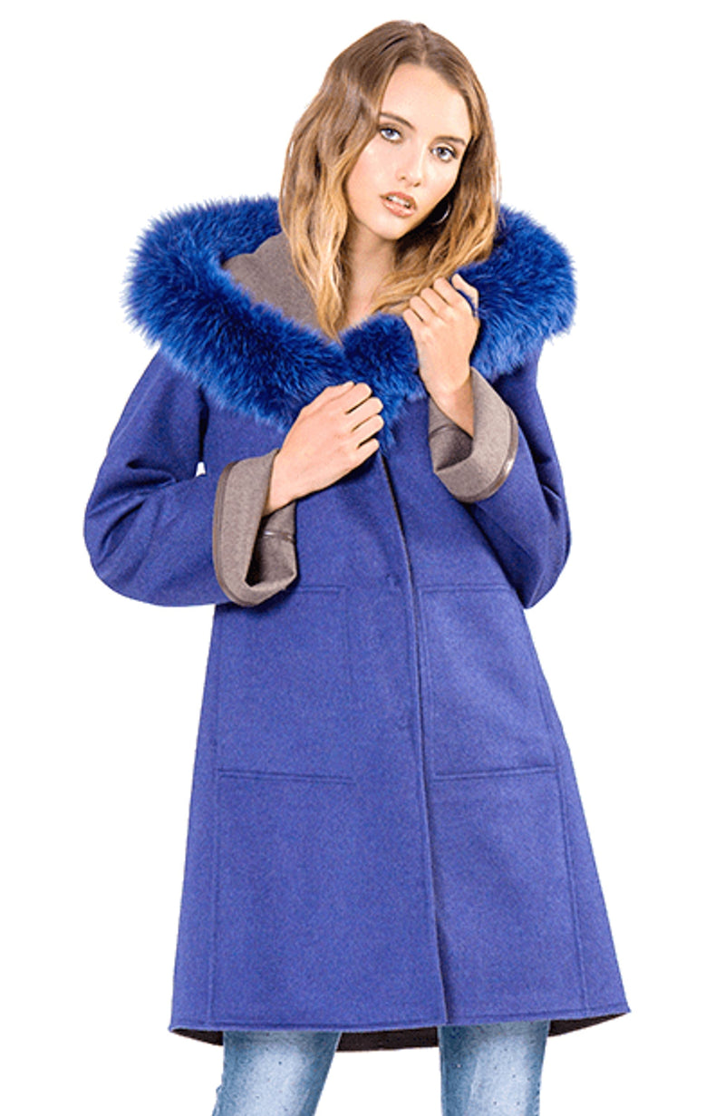 York Furrier Cashmere 10 / Blue Loro Piana Sky Blue Wool Cashmere Hooded Reversible Short Coat With Fox Hood Trim