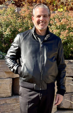 York Furrier Leather 44 / Black Men's Black  Zip-up Leather Baseball Jacket With Knit Trim Reversible To Black Wool/Cashmere