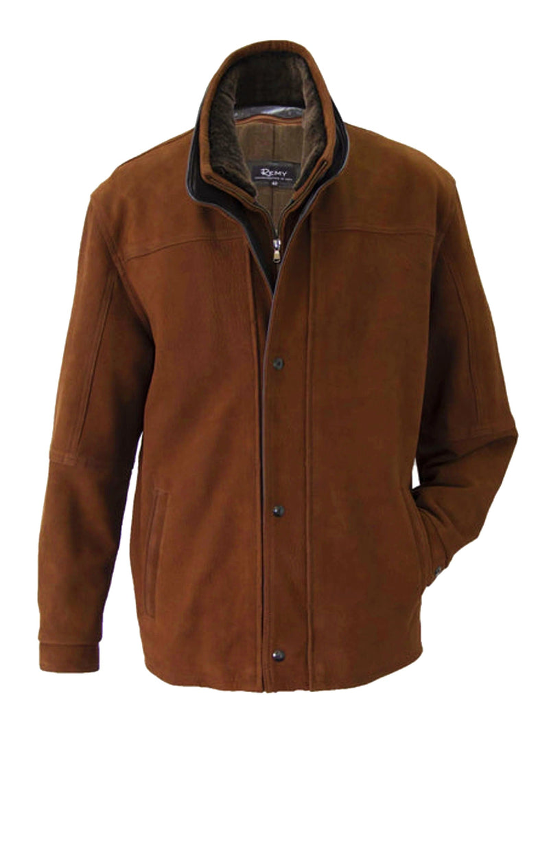 York Furrier Fabric Men's Elk/Cognac Leather Jacket With Shearling Fur Collar
