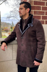 York Furrier Shearling 44 / Navy Men's Espresso Merino Shearling Car Coat with Navy Leather Accents