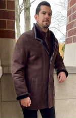 York Furrier Shearling 44 / Navy Men's Espresso Merino Shearling Car Coat with Navy Leather Accents