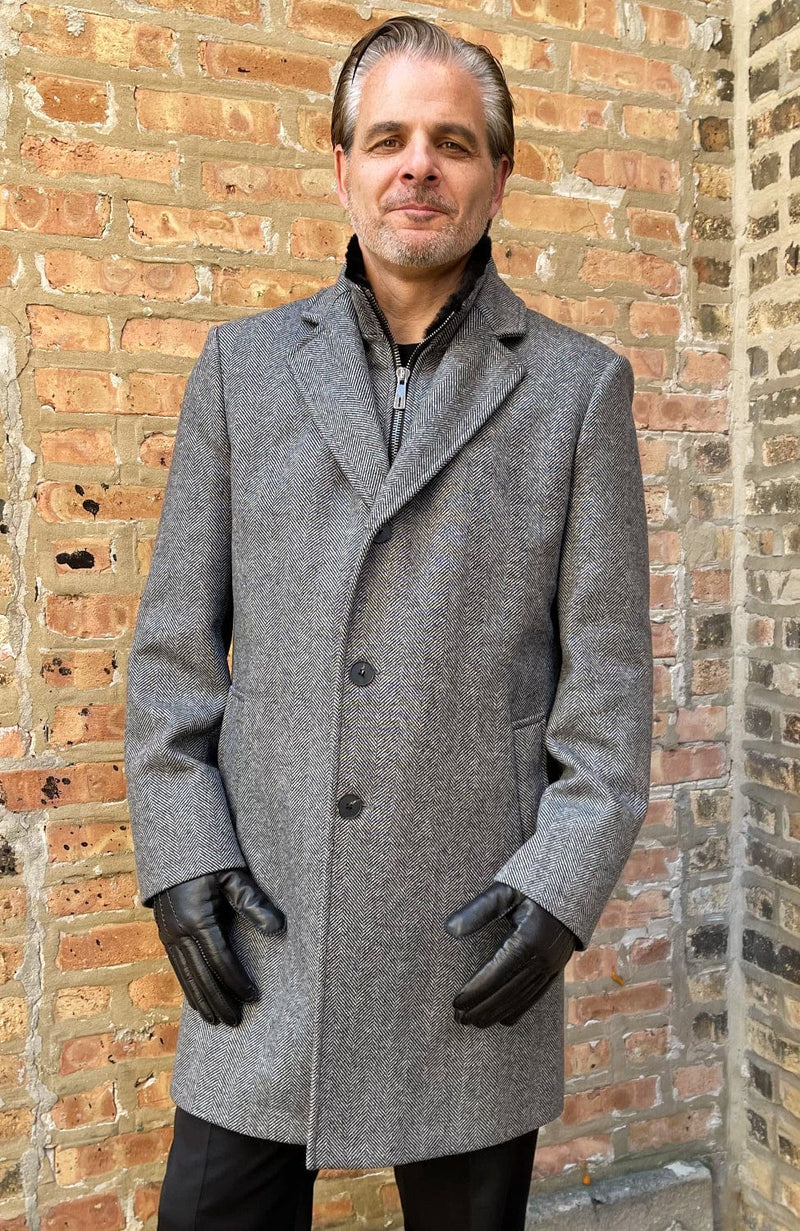 York Furrier Fabric Men's Grey Wool Blend Herringbone Car Coat