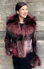 York Furrier Leather 12 / Plum Metallic Plum Lamb Leather Embossed Jacket with Plum Silver Fox Trim