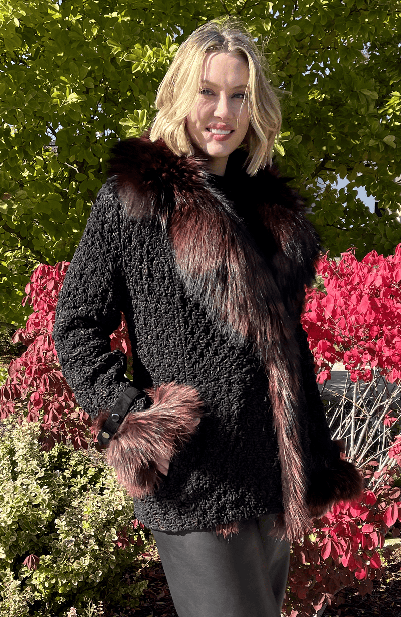 York Furrier Leather Special order / Navy Gold Mist Midnight Rose Lamb Leather Ruched Jacket with Galaxy Rose Dyed Fox Trim