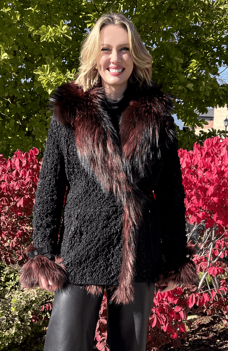 York Furrier Leather 14 / Midnight Rose Midnight Rose Lamb Leather Ruched Jacket with Galaxy Rose Dyed Fox Trim