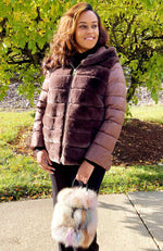 York Furrier Vest Mocha / Special Order Mocha Rex Rabbit & Nylon Hooded Zipper Jacket