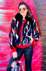 York Furrier Sheared Beaver 6 / Multi-Color Multi-Color Mink Sections Reversible To Red Lamb Leather Zipper Jacket With Black Fox Trim
