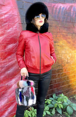 York Furrier Sheared Beaver 6 / Multi-Color Multi-Color Mink Sections Reversible To Red Lamb Leather Zipper Jacket With Black Fox Trim