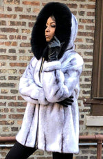 York Furrier Mink 2 / Black Cross Natural Black Cross Mink Hooded Jacket with Black Fox Hood Trim