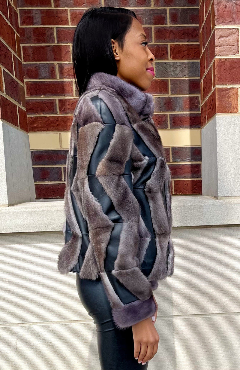 York Furrier Mink Natural Blue Iris Mink & Black Leather Geo Jacket
