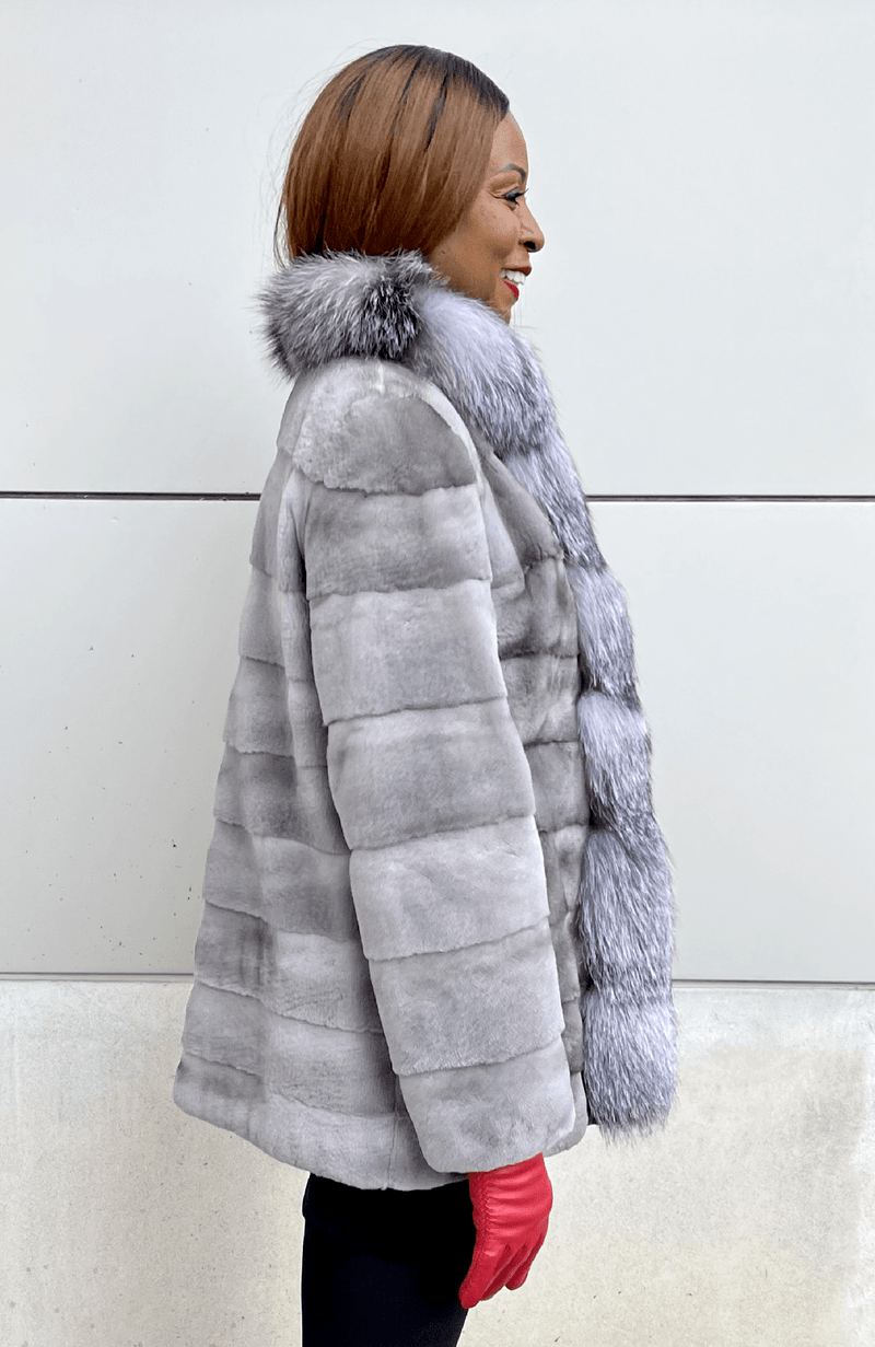 Blue Iris Mink Jacket with Detachable Hood and Silver Fox Trim - Severyn Fur  Salon