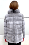 York Furrier Sheared Mink 12 / Blue Iris Natural Blue Iris Sheared Mink Horizontal Jacket With Indigo Fox Trim
