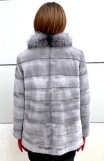 York Furrier Sheared Mink 12 / Blue Iris Natural Blue Iris Sheared Mink Horizontal Jacket With Indigo Fox Trim