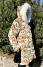 York Furrier Lynx Natural Lynx Revers to Taffeta Hooded Short Coat with Shadow Fox Trim