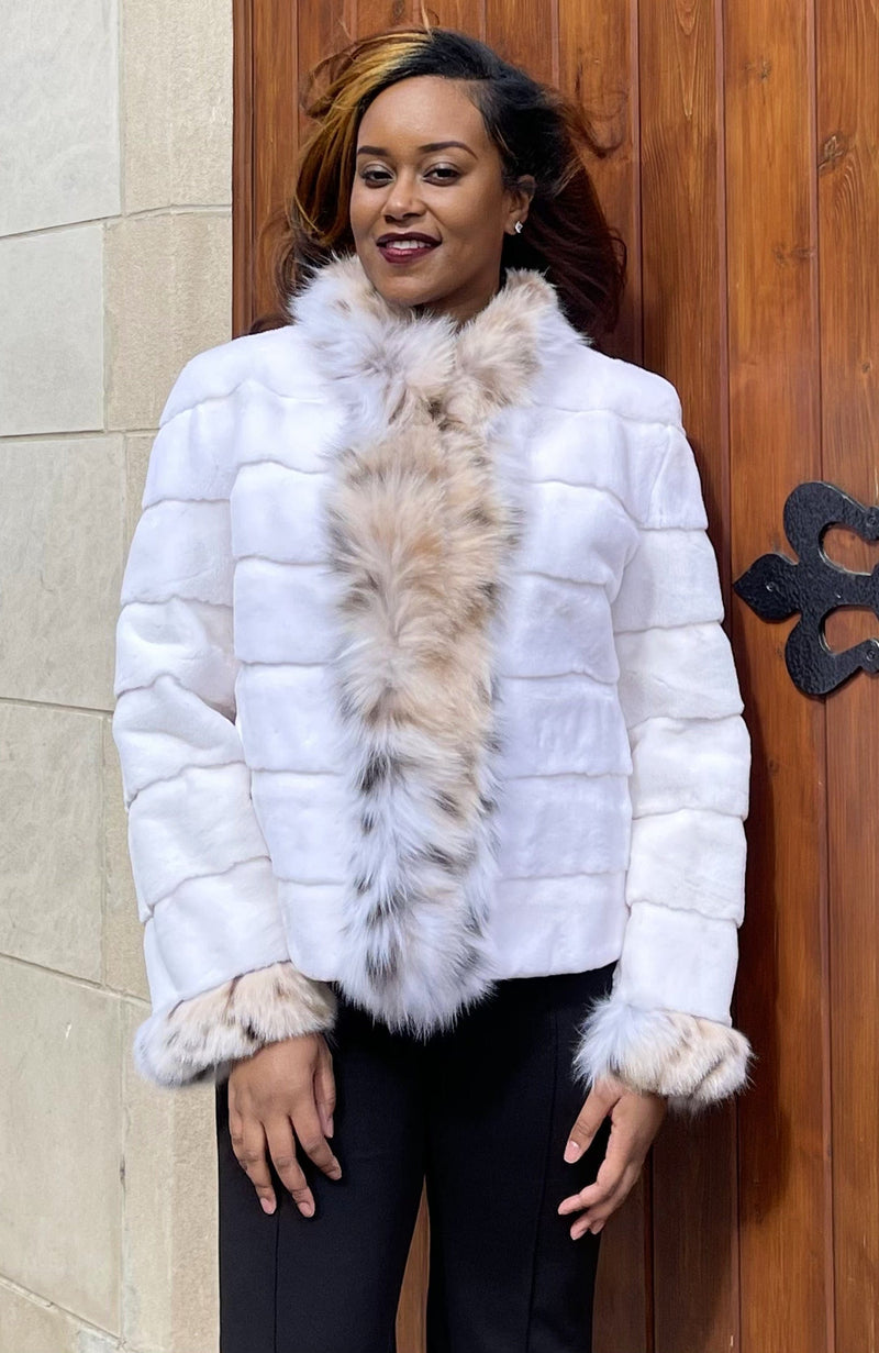 York Furrier Sheared Mink 14 / White Natural White Sheared Mink Horizontal Jacket with Natural Lynx Trim
