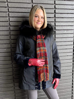 York Furrier Mink Navy Dyed Sheared Mink Sculptured Sections Reversible To Taffeta Jacket With Black Dyed Fox Hood Trim