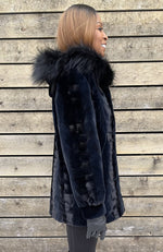 York Furrier Mink Special order / Navy Navy Dyed Sheared Mink Sculptured Sections Reversible To Taffeta Jacket With Black Dyed Fox Hood Trim