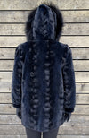 York Furrier Mink Special order / Navy Navy Dyed Sheared Mink Sculptured Sections Reversible To Taffeta Jacket With Black Dyed Fox Hood Trim