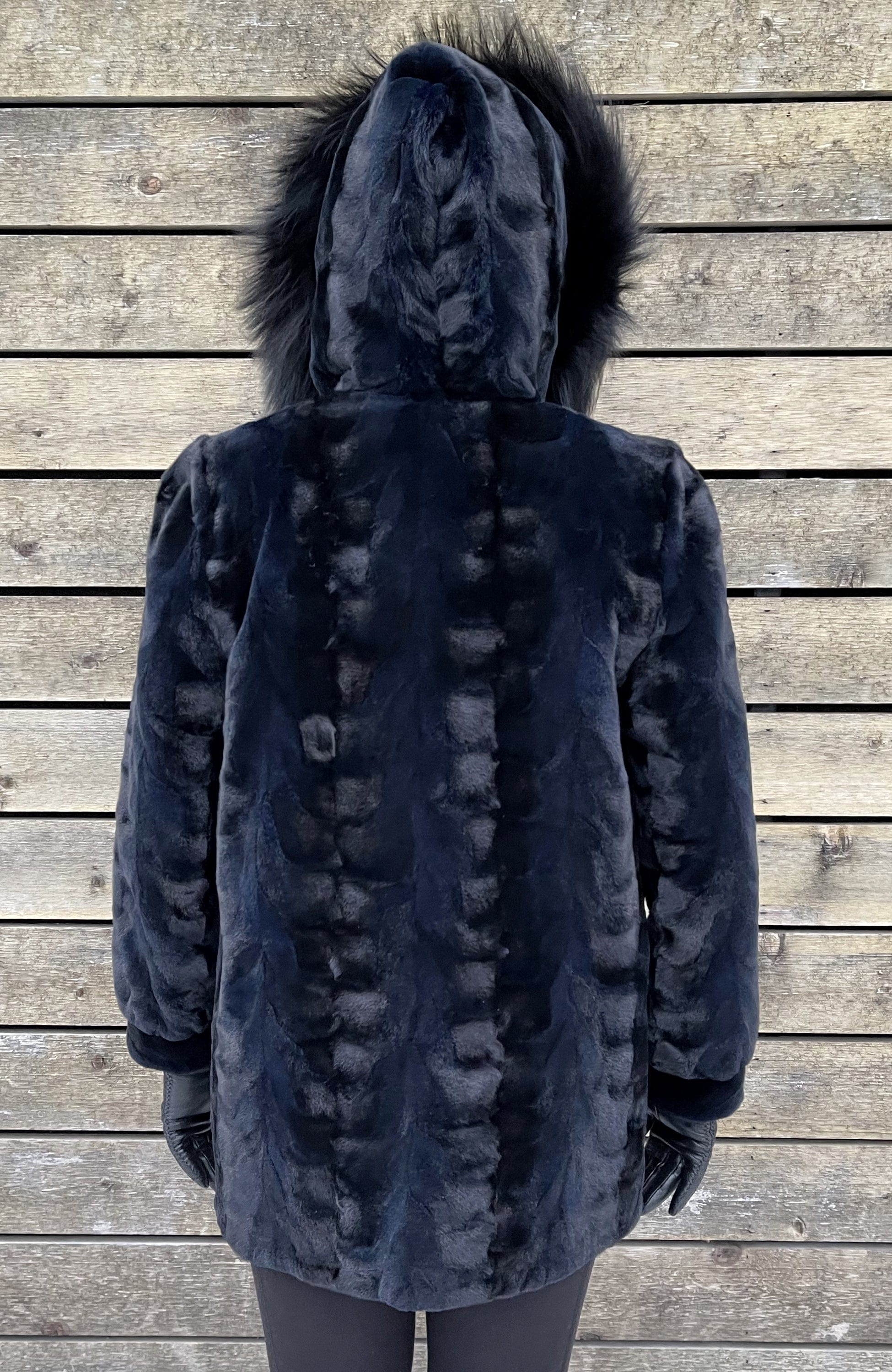 Sheared Mink Hooded Reversible Coat-Black Mink
