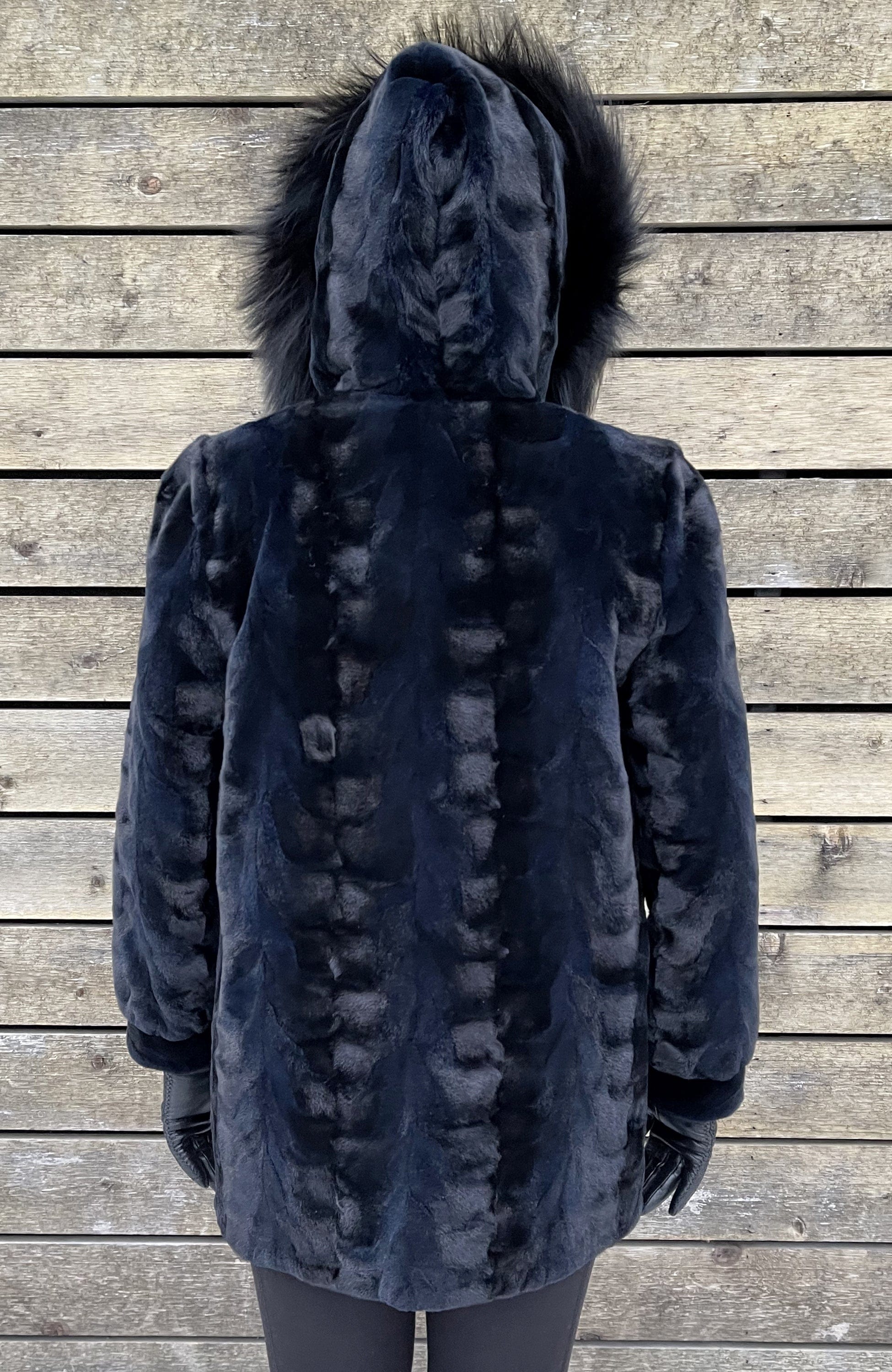 Navy Mink Fur Jacket Hooded