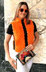 York Furrier Mink 6 / Neon Orange Neon Orange Mink Quilted Vest With Black Leather Trim